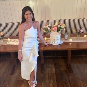 Strapless dress with floral appliqué midi length - great bridal shower dress!